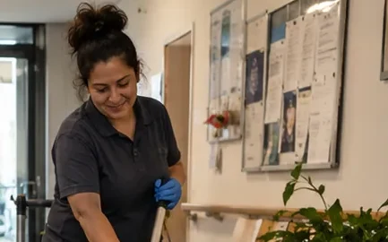Reinigungskraft wischt eine Fläche im Bürogebäude